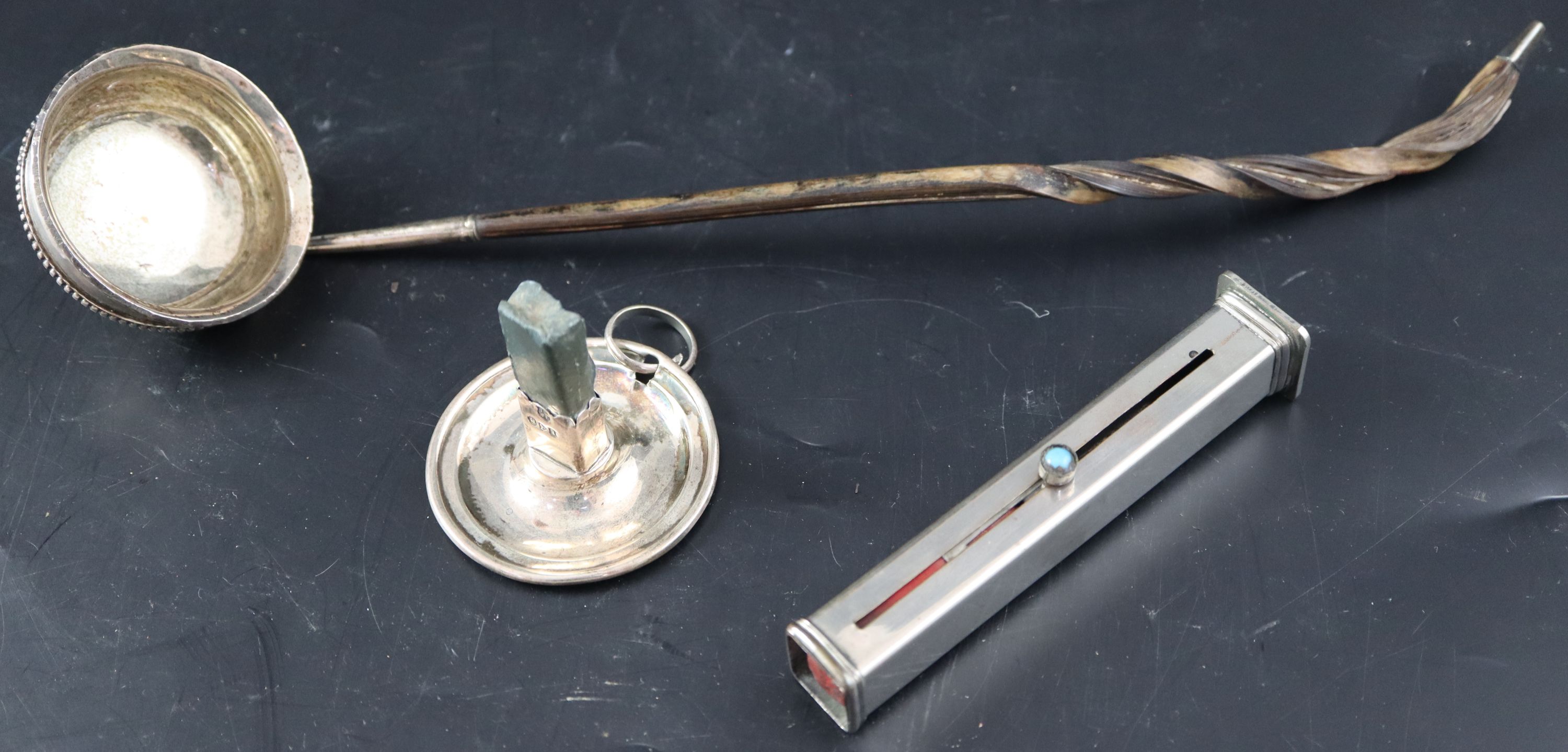A George III white metal toddy ladle, 30.7cm (handle damaged) and two later sealing wax holders,